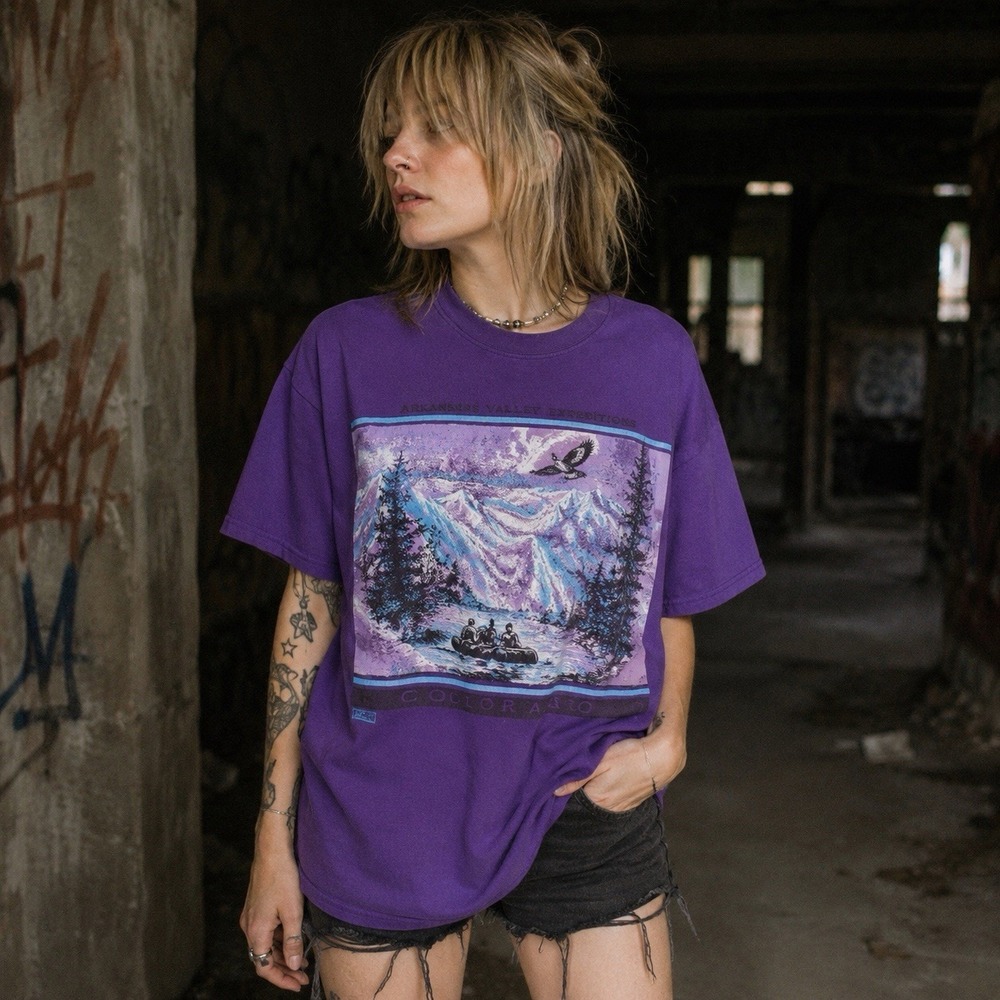 VTG 1992 Glitter Graphic T Shirt L Arkansas River Rafting Colorado Purple USA - Picture 1 of 16